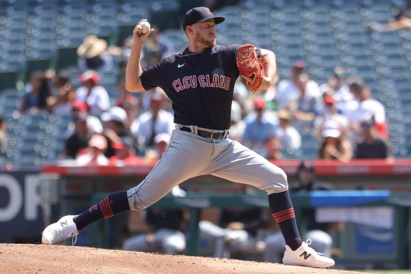 Sep 10, 2023; Anaheim, California, USA; Cleveland Guardians starting pitcher Tanner Bibee (61) throws to a Los Angeles Angels batter during the first inning of a game at Angel Stadium. Mandatory Credit: Jessica Alcheh-USA TODAY Sports