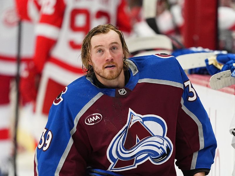 Feb 2, 2026; Denver, Colorado, USA; Colorado Avalanche goaltender MacKenzie Blackwood (39) during a time out in the first period against the Detroit Red Wings at Ball Arena. Mandatory Credit: Ron Chenoy-Imagn Images