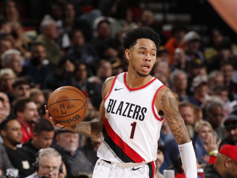 PORTLAND, OR - FEBRUARY 23: Anfernee Simons #1 of the Portland Trail Blazers dribbles the ball during the game against the Denver Nuggets on February 23, 2024 at the Moda Center Arena in Portland, Oregon. NOTE TO USER: User expressly acknowledges and agrees that, by downloading and or using this photograph, user is consenting to the terms and conditions of the Getty Images License Agreement. Mandatory Copyright Notice: Copyright 2024 NBAE (Photo by Cameron Browne/NBAE via Getty Images)