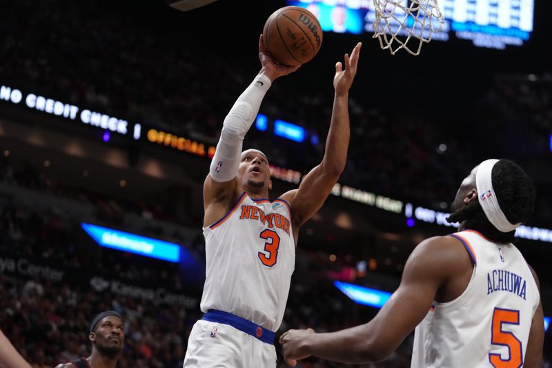 MIAMI, FL - APRIL 2: Josh Hart #3 of the New York Knicks shoots the ball during the game against the Miami Heat on April 2, 2024 at Kaseya Center in Miami, Florida. NOTE TO USER: User expressly acknowledges and agrees that, by downloading and or using this Photograph, user is consenting to the terms and conditions of the Getty Images License Agreement. Mandatory Copyright Notice: Copyright 2024 NBAE (Photo by Eric Espada/NBAE via Getty Images)