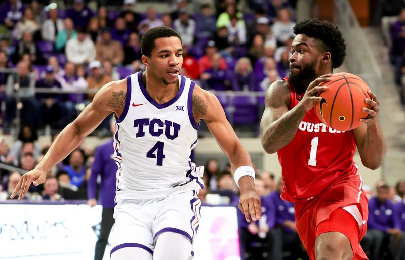 Jan 13, 2024; Fort Worth, Texas, USA;  Houston Cougars guard Jamal Shead (1) drives to the basket as TCU Horned Frogs guard Jameer Nelson Jr. (4) defends during the second half at Ed and Rae Schollmaier Arena. Mandatory Credit: Kevin Jairaj-USA TODAY Sports