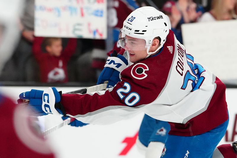 Apr 14, 2024; Las Vegas, Nevada, USA; Colorado Avalanche center Ross Colton (20) warms up before the start of a game against the Vegas Golden Knights at T-Mobile Arena. Mandatory Credit: Stephen R. Sylvanie-USA TODAY Sports