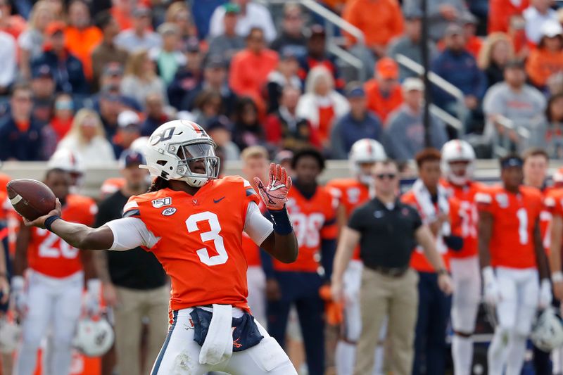 Oct 19, 2019; Charlottesville, VA, USA; Virginia Cavaliers quarterback Bryce Perkins (3) passes the ball against the Duke Blue Devils in the second quarter at Scott Stadium. Mandatory Credit: Geoff Burke-USA TODAY Sports