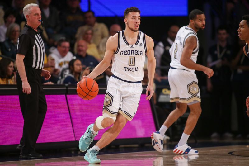 Feb 8, 2023; Atlanta, Georgia, USA; Georgia Tech Yellow Jackets guard Lance Terry (0) dribbles against the Notre Dame Fighting Irish in the first half at McCamish Pavilion. Mandatory Credit: Brett Davis-USA TODAY Sports