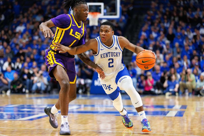 Jan 3, 2023; Lexington, Kentucky, USA; Kentucky Wildcats guard Sahvir Wheeler (2) drives to the basket during the second half against the LSU Tigers at Rupp Arena at Central Bank Center. Mandatory Credit: Jordan Prather-USA TODAY Sports