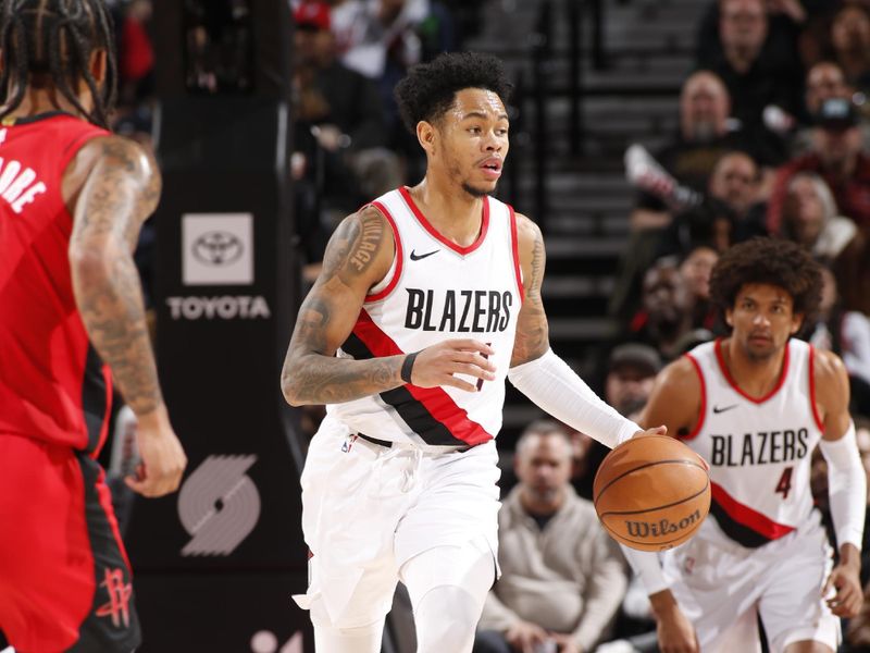 PORTLAND, OR - MARCH 8: Anfernee Simons #1 of the Portland Trail Blazers handles the ball during the game  on March 8, 2024 at the Moda Center Arena in Portland, Oregon. NOTE TO USER: User expressly acknowledges and agrees that, by downloading and or using this photograph, user is consenting to the terms and conditions of the Getty Images License Agreement. Mandatory Copyright Notice: Copyright 2024 NBAE (Photo by Cameron Browne/NBAE via Getty Images)