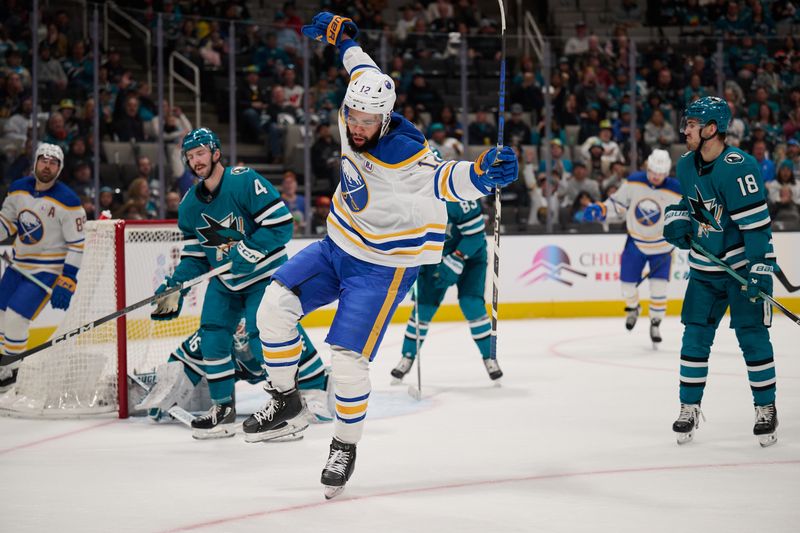 Jan 27, 2024; San Jose, California, USA; Buffalo Sabres left wing Jordan Greenway (12) reacts after scoring a goal against the San Jose Sharks during the first period at SAP Center at San Jose. Mandatory Credit: Robert Edwards-USA TODAY Sports