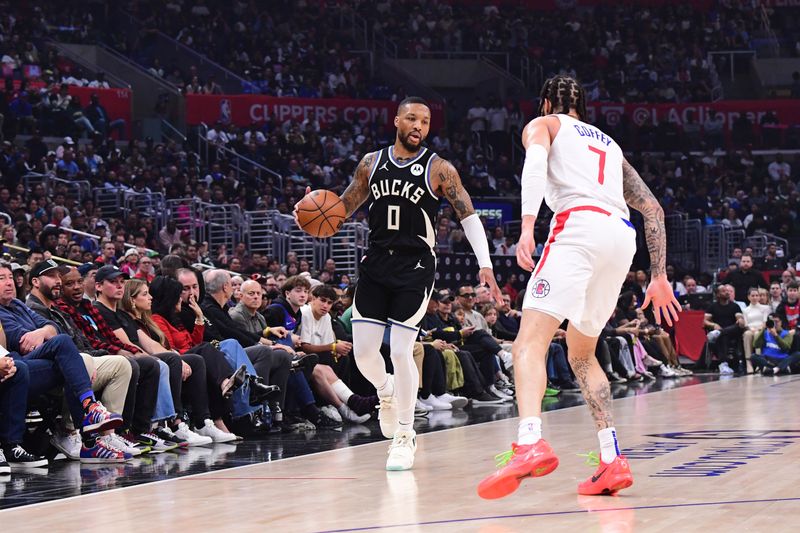 LOS ANGELES, CA - MARCH 10: Damian Lillard #0 of the Milwaukee Bucks dribbles the ball during the game against the LA Clippers on March 10, 2024 at Crypto.Com Arena in Los Angeles, California. NOTE TO USER: User expressly acknowledges and agrees that, by downloading and/or using this Photograph, user is consenting to the terms and conditions of the Getty Images License Agreement. Mandatory Copyright Notice: Copyright 2024 NBAE (Photo by Adam Pantozzi/NBAE via Getty Images)