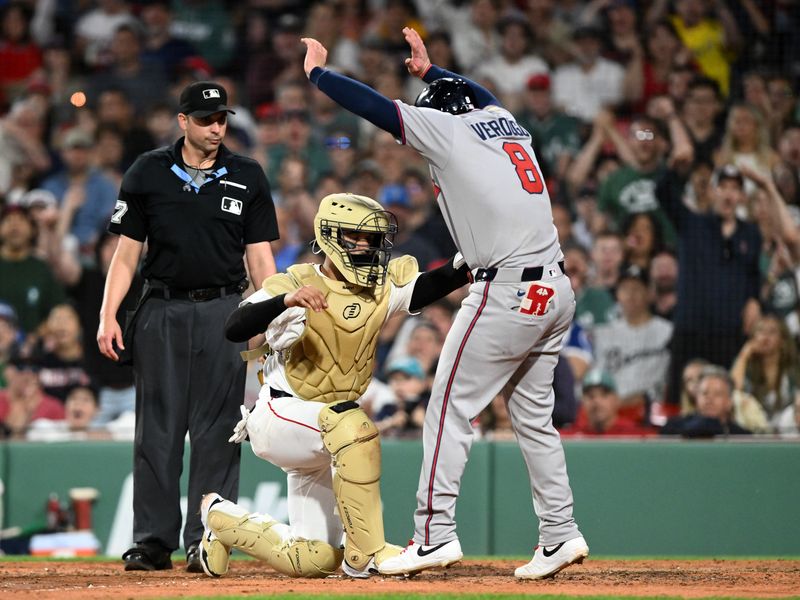 May 17, 2025; Boston, Massachusetts, USA; Boston Red Sox catcher Carlos Narvaez (75) tags out Atlanta Braves left fielder Alex Verdugo (8) during the sixth inning at Fenway Park. Mandatory Credit: Brian Fluharty-Imagn Images