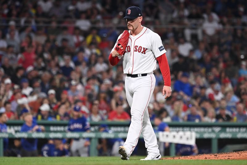 Aug 13, 2024; Boston, Massachusetts, USA; Boston Red Sox pitcher Cam Booser (71) is taken out of the game during the sixth inning against the Texas Rangers at Fenway Park. Mandatory Credit: Eric Canha-USA TODAY Sports