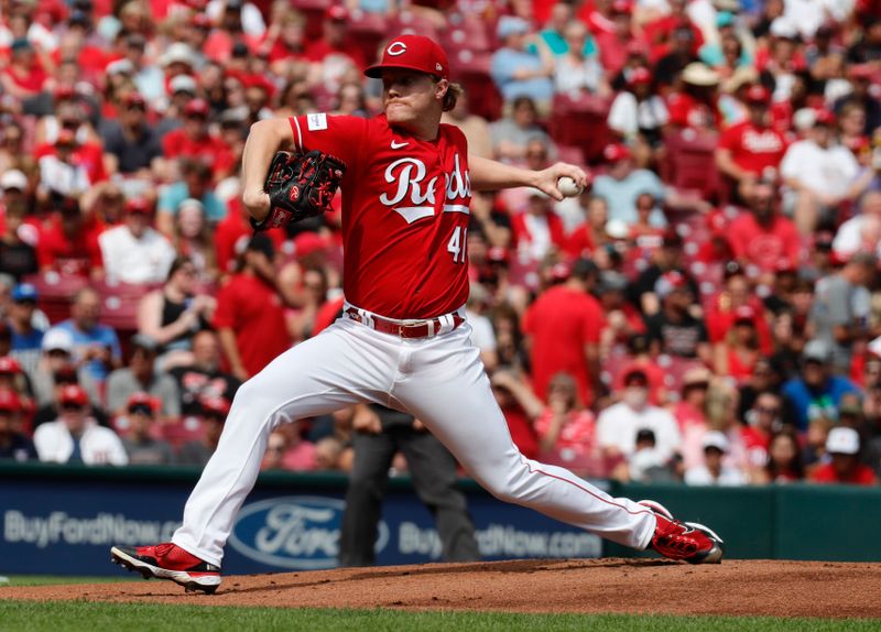 Aug 5, 2023; Cincinnati, Ohio, USA; Cincinnati Reds starting pitcher Andrew Abbott (41) throws against the Washington Nationals during the first inning at Great American Ball Park. Mandatory Credit: David Kohl-USA TODAY Sports