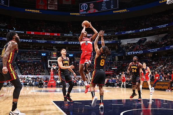 WASHINGTON, DC -? DECEMBER 31:  Bilal Coulibaly #0 of the Washington Wizards shoots the ball during the game against the Atlanta Hawks on December 31, 2023 at Capital One Arena in Washington, DC. NOTE TO USER: User expressly acknowledges and agrees that, by downloading and or using this Photograph, user is consenting to the terms and conditions of the Getty Images License Agreement. Mandatory Copyright Notice: Copyright 2023 NBAE (Photo by Kenny Giarla/NBAE via Getty Images)