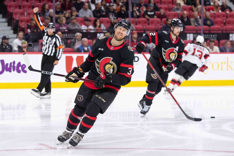 Oct 17, 2024; Ottawa, Ontario, CAN; Ottawa Senators defenseman Nick Jensen (3) reacts to a goal scored by the New Jersey Devils in the second period at the Canadian Tire Centre. Mandatory Credit: Marc DesRosiers-Imagn Images