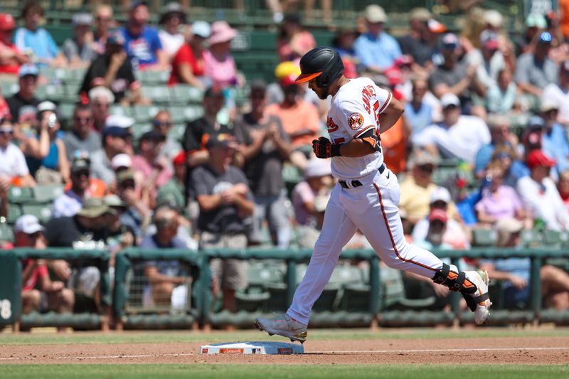 Mar 26, 2023; Sarasota, Florida, USA;  Baltimore Orioles right fielder Anthony Santander (25) rounds the bases after hitting a two-run home run against the Philadelphia Phillies in the third inning during spring training at Ed Smith Stadium. Mandatory Credit: Nathan Ray Seebeck-USA TODAY Sports