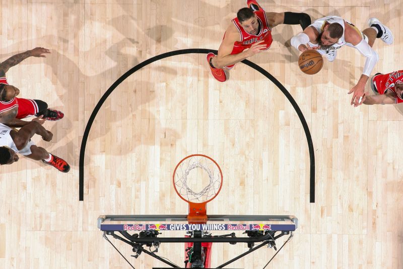 NEW ORLEANS, LA - FEBRUARY 25: Jonas Valanciunas #17 of the New Orleans Pelicans shoots the ball during the game against the Chicago Bulls on February 25, 2024 at the Smoothie King Center in New Orleans, Louisiana. NOTE TO USER: User expressly acknowledges and agrees that, by downloading and or using this Photograph, user is consenting to the terms and conditions of the Getty Images License Agreement. Mandatory Copyright Notice: Copyright 2024 NBAE (Photo by Layne Murdoch Jr./NBAE via Getty Images)