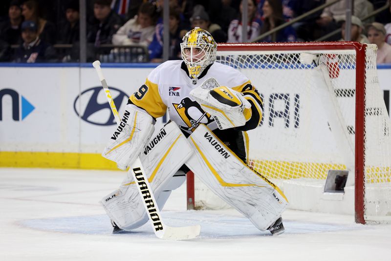 Dec 6, 2024; New York, New York, USA; Pittsburgh Penguins goaltender Alex Nedeljkovic (39) tends net against the New York Rangers during the first period at Madison Square Garden. Mandatory Credit: Brad Penner-Imagn Images