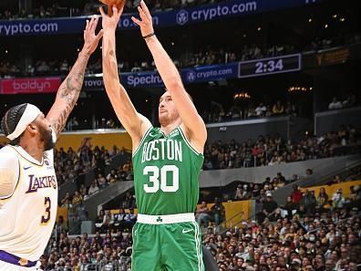 LOS ANGELES, CA - DECEMBER 25: Sam Hauser #30 of the Boston Celtics shoots the ball during the game against the Los Angeles Lakers on December 25, 2023 at Crypto.Com Arena in Los Angeles, California. NOTE TO USER: User expressly acknowledges and agrees that, by downloading and/or using this Photograph, user is consenting to the terms and conditions of the Getty Images License Agreement. Mandatory Copyright Notice: Copyright 2023 NBAE (Photo by Andrew D. Bernstein/NBAE via Getty Images)