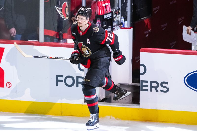 Apr 13, 2025; Ottawa, Ontario, CAN; Ottawa Senators defenseman Thomas Chabot (72) is named the second star in game against the Philadelphia Flyers at the Canadian Tire Centre. Mandatory Credit: Marc DesRosiers-Imagn Images