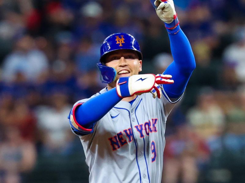 Jun 19, 2024; Arlington, Texas, USA; New York Mets left fielder Brandon Nimmo (9) reacts after hitting a double during the fourth inning against the Texas Rangers at Globe Life Field. Mandatory Credit: Kevin Jairaj-USA TODAY Sports