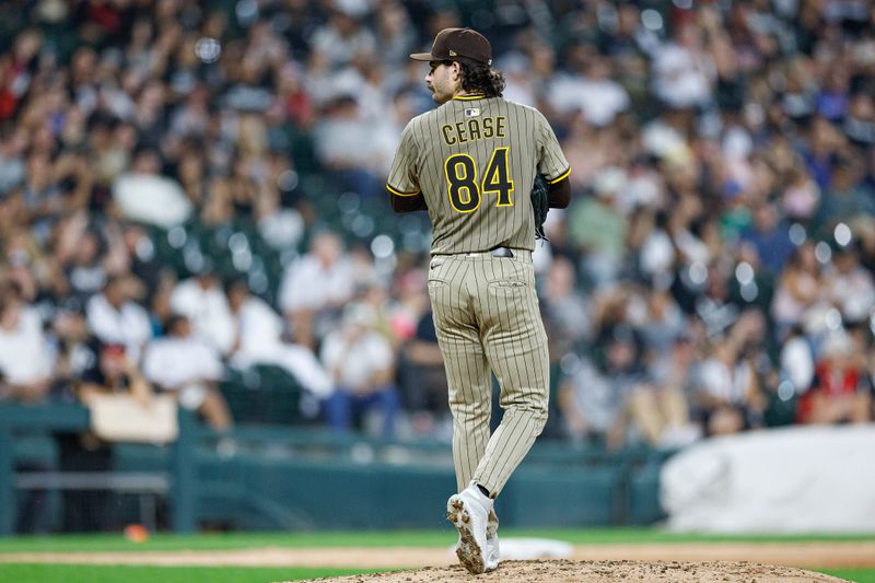 Sep 19, 2025; Chicago, Illinois, USA; San Diego Padres starting pitcher Dylan Cease (84) reacts during the fourth inning of a baseball game against the Chicago White Sox at Rate Field. Mandatory Credit: Kamil Krzaczynski-Imagn Images