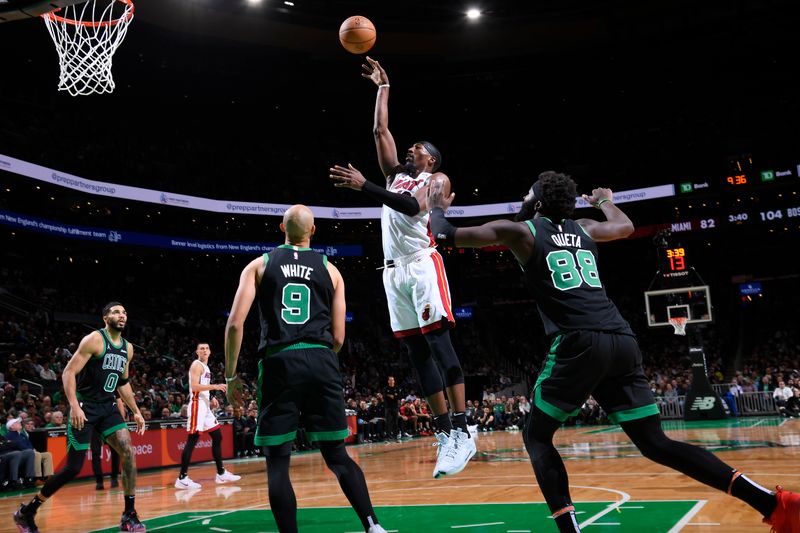 BOSTON, MA - DECEMBER 2: Bam Adebayo #13 of the Miami Heat shoots the ball during the game against the Boston Celtics on December 2, 2024 at TD Garden in Boston, Massachusetts. NOTE TO USER: User expressly acknowledges and agrees that, by downloading and/or using this Photograph, user is consenting to the terms and conditions of the Getty Images License Agreement. Mandatory Copyright Notice: Copyright 2024 NBAE (Photo by Brian Babineau/NBAE via Getty Images)