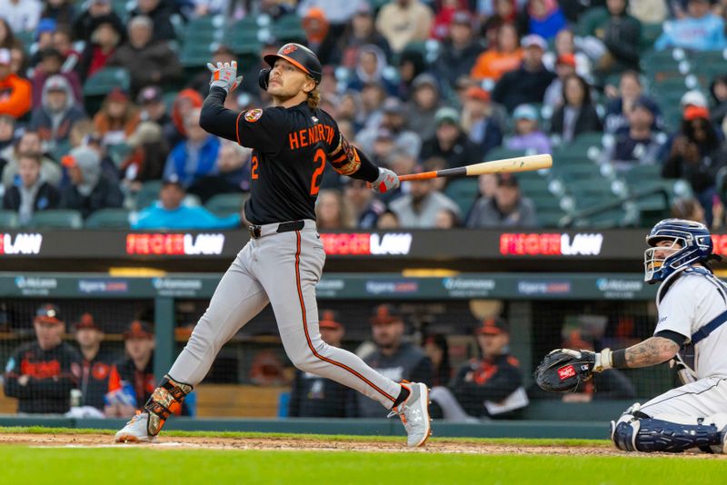 Apr 26, 2025; Detroit, Michigan, USA; Baltimore Orioles shortstop Gunnar Henderson (2) watches as he flys out to left field during game two of a double header against the Detroit Tigers at Comerica Park. Mandatory Credit: David Reginek-Imagn Images