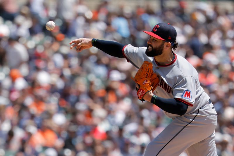 May 25, 2025; Detroit, Michigan, USA;  Cleveland Guardians pitcher Jakob Junis (16) pi in the sixth inning against the Detroit Tigers at Comerica Park. Mandatory Credit: Rick Osentoski-Imagn Images