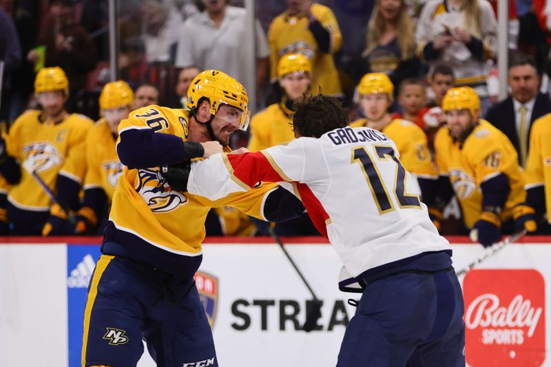 Mar 21, 2024; Sunrise, Florida, USA; Nashville Predators left wing Cole Smith (36) and Florida Panthers left wing Jonah Gadjovich (12) fight during the first period at Amerant Bank Arena. Mandatory Credit: Sam Navarro-USA TODAY Sports