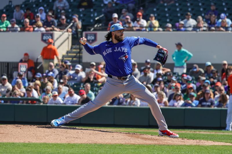 Feb 25, 2026; Lakeland, Florida, USA; Toronto Blue Jays pitcher Cody Ponce (66) pitches during the first inning against the Detroit Tigers at Publix Field at Joker Marchant Stadium. Mandatory Credit: Mike Watters-Imagn Images