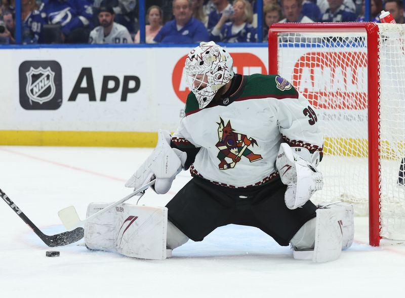 Jan 25, 2024; Tampa, Florida, USA;Arizona Coyotes goaltender Connor Ingram (39) makes a save against the Tampa Bay Lightning during the third period at Amalie Arena. Mandatory Credit: Kim Klement Neitzel-USA TODAY Sports