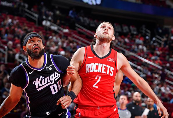 HOUSTON, TX - NOVEMBER 6: JaVale McGee #00 of the Sacramento Kings and Jock Landale #2 of the Houston Rockets look on during the game on November 6, 2023 at the Toyota Center in Houston, Texas. NOTE TO USER: User expressly acknowledges and agrees that, by downloading and or using this photograph, User is consenting to the terms and conditions of the Getty Images License Agreement. Mandatory Copyright Notice: Copyright 2023 NBAE (Photo by Logan Riely/NBAE via Getty Images)