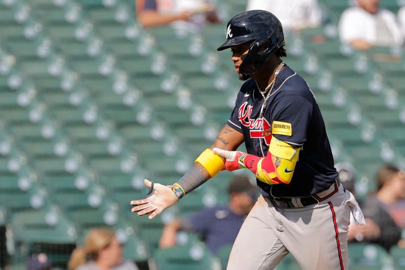 Jun 14, 2023; Detroit, Michigan, USA;  Atlanta Braves center fielder Michael Harris II (23) runs the bases after hitting a home run against the Detroit Tigers in the third inning at Comerica Park. Mandatory Credit: Rick Osentoski-USA TODAY Sports