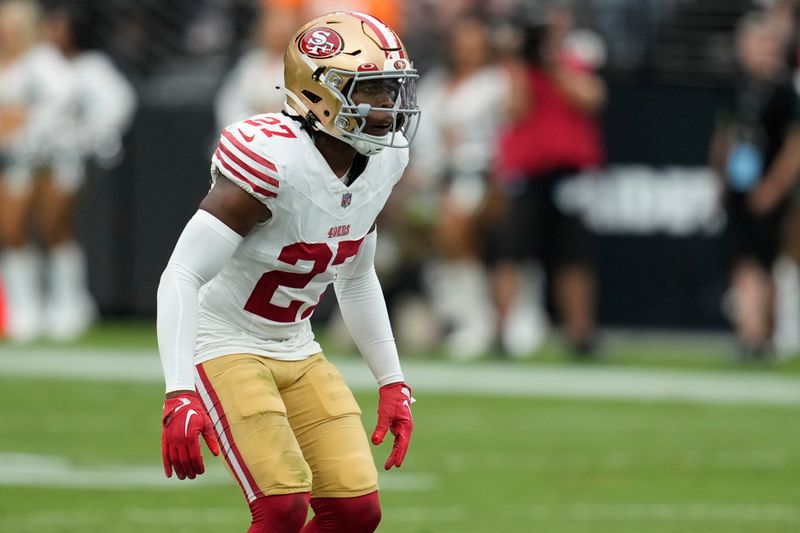 San Francisco 49ers safety Ji'Ayir Brown (27) plays against the Las Vegas Raiders during an NFL football game, Sunday, Aug. 13, 2023, in Las Vegas. (AP Photo/John Locher)