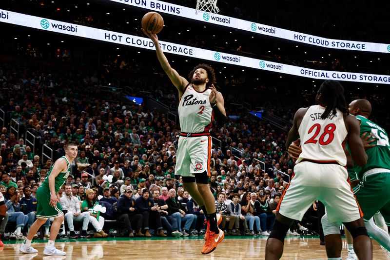 BOSTON, MA - DECEMBER 4: Cade Cunningham #2 of the Detroit Pistons lays up a shot against the Boston Celtics during the second quarter at TD Garden on December 4, 2024 in Boston, Massachusetts. NOTE TO USER: User expressly acknowledges and agrees that, by downloading and/or using this Photograph, user is consenting to the terms and conditions of the Getty Images License Agreement. (Photo By Winslow Townson/Getty Images)