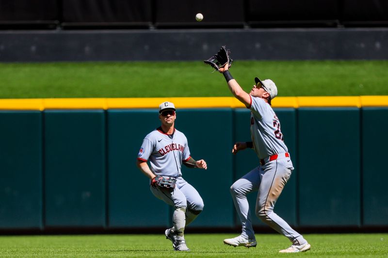 May 18, 2025; Cincinnati, Ohio, USA; Cleveland Guardians outfielder Nolan Jones (22) catches a fly out hit by Cincinnati Reds third baseman Santiago Espinal (not pictured) in the seventh inning at Great American Ball Park. Mandatory Credit: Katie Stratman-Imagn Images