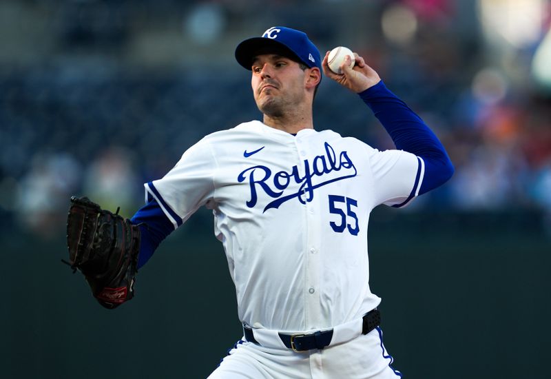 Aug 7, 2024; Kansas City, Missouri, USA; Kansas City Royals starting pitcher Cole Ragans (55) warms up during the first inning against the Boston Red Sox at Kauffman Stadium. Mandatory Credit: Jay Biggerstaff-USA TODAY Sports