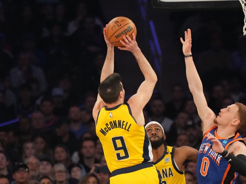 NEW YORK, NY - FEBRUARY 10: T.J. McConnell #9 of the Indiana Pacers shoots the ball during the game against the New York Knicks on February 10, 2024 at Madison Square Garden in New York City, New York.  NOTE TO USER: User expressly acknowledges and agrees that, by downloading and or using this photograph, User is consenting to the terms and conditions of the Getty Images License Agreement. Mandatory Copyright Notice: Copyright 2024 NBAE  (Photo by Jesse D. Garrabrant/NBAE via Getty Images)