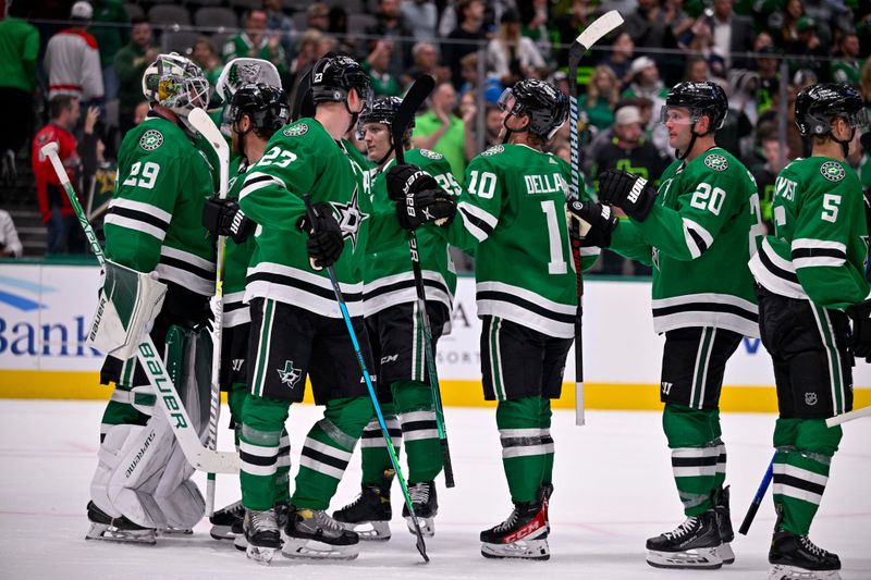 Oct 27, 2022; Dallas, Texas, USA; The Dallas Stars celebrate their victory over the Washington Capitals at the American Airlines Center. Mandatory Credit: Jerome Miron-USA TODAY Sports