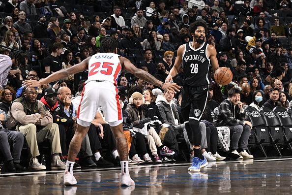 BROOKLYN, NY - DECEMBER 23: Spencer Dinwiddie #26 of the Brooklyn Nets handles the ball during the game against the Detroit Pistons on December 23, 2023 at Barclays Center in Brooklyn, New York. NOTE TO USER: User expressly acknowledges and agrees that, by downloading and or using this Photograph, user is consenting to the terms and conditions of the Getty Images License Agreement. Mandatory Copyright Notice: Copyright 2023 NBAE (Photo by David Dow/NBAE via Getty Images)