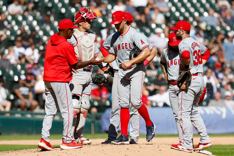 Sep 26, 2024; Chicago, Illinois, USA; Los Angeles Angels starting pitcher Tyler Anderson (31) leaves a baseball game against the Chicago White Sox during the fifth inning at Guaranteed Rate Field. Mandatory Credit: Kamil Krzaczynski-Imagn Images