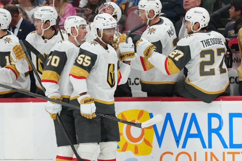 Oct 19, 2024; Sunrise, Florida, USA;  Vegas Golden Knights right wing Keegan Kolesar (55) celebrates after a goal against the Florida Panthers during the second period at Amerant Bank Arena. Mandatory Credit: Jim Rassol-Imagn Images