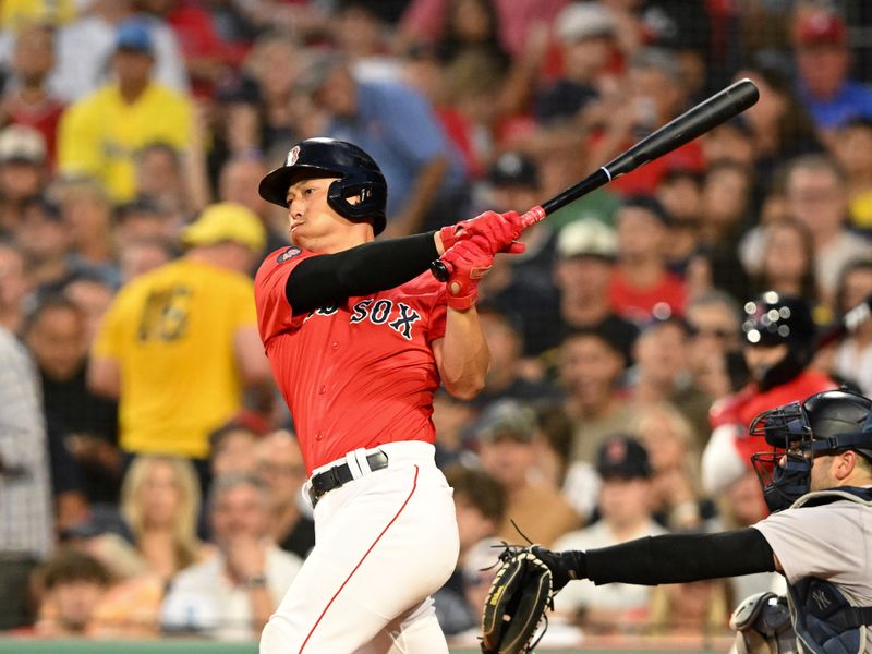 Jul 26, 2024; Boston, Massachusetts, USA; Boston Red Sox outfielder Rob Refsnyder (30) hits a RBI double against the New York Yankees during the fourth inning at Fenway Park. Mandatory Credit: Brian Fluharty-USA TODAY Sports