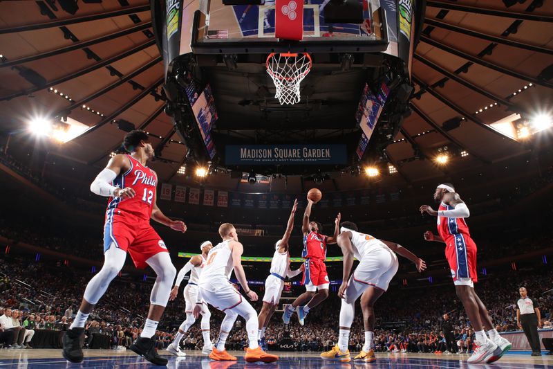 NEW YORK, NY - APRIL 20:  Tyrese Maxey #0 of the Philadelphia 76ers goes to the basket during the game against the New York Knicks during Round 1 Game 1 of the 2024 NBA Playoffs on April 20, 2024 at Madison Square Garden in New York City, New York.  NOTE TO USER: User expressly acknowledges and agrees that, by downloading and or using this photograph, User is consenting to the terms and conditions of the Getty Images License Agreement. Mandatory Copyright Notice: Copyright 2024 NBAE  (Photo by Nathaniel S. Butler/NBAE via Getty Images)