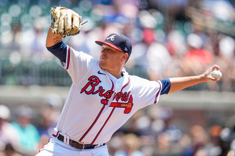 Jun 28, 2023; Cumberland, Georgia, USA; Atlanta Braves starting pitcher Kolby Allard (49) pitches against the Minnesota Twins during the second inning at Truist Park. Mandatory Credit: Dale Zanine-USA TODAY Sports