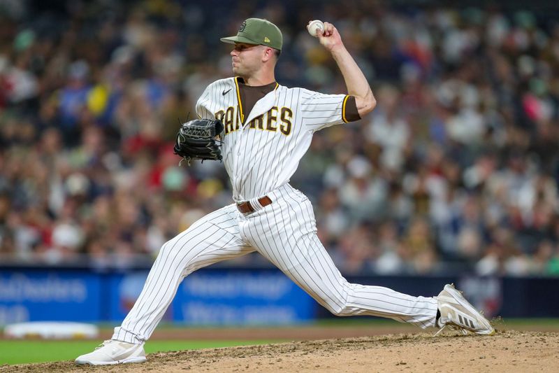 May 19, 2023; San Diego, California, USA; San Diego Padres relief pitcher Tom Cosgrove (59) throws a pitch during the eight inning against the Boston Red Sox at Petco Park. Mandatory Credit: David Frerker-USA TODAY Sports