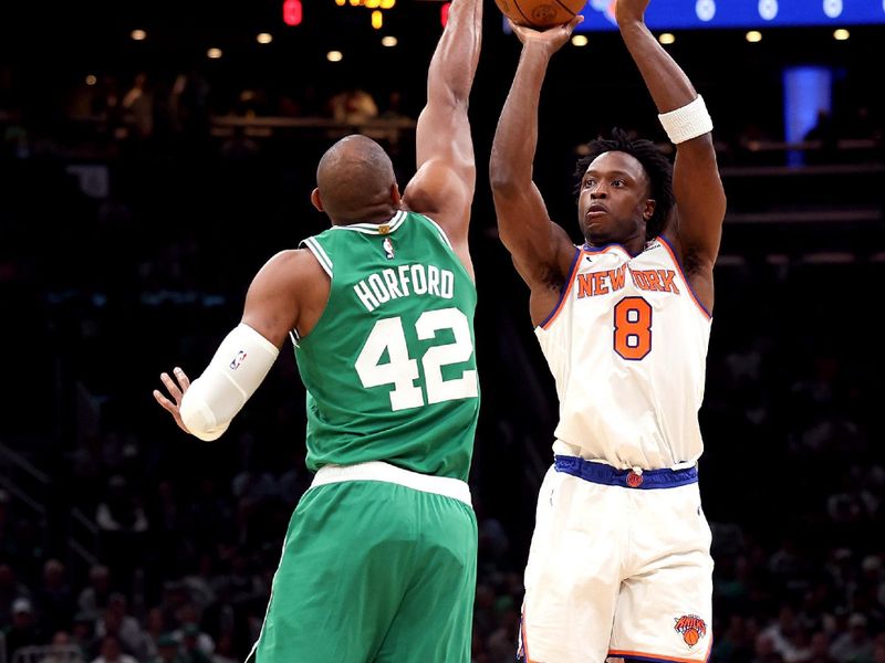 BOSTON, MASSACHUSETTS - MAY 07:  OG Anunoby #8 of the New York Knicks attempts a shot against Al Horford #42 of the Boston Celtics during the first quarter in Game Two of the Eastern Conference Second Round NBA Playoffs at TD Garden on May 07, 2025 in Boston, Massachusetts. NOTE TO USER: User expressly acknowledges and agrees that, by downloading and or using this photograph, User is consenting to the terms and conditions of the Getty Images License Agreement. (Photo by Maddie Meyer/Getty Images)