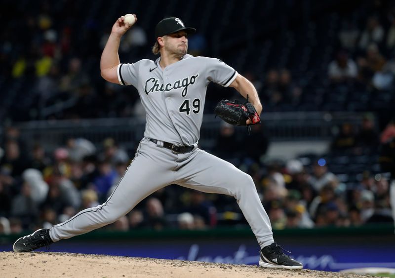 Apr 8, 2023; Pittsburgh, Pennsylvania, USA;  Chicago White Sox relief pitcher Kendall Graveman (49) pitches against the Pittsburgh Pirates during the eighth inning at PNC Park. Mandatory Credit: Charles LeClaire-USA TODAY Sports