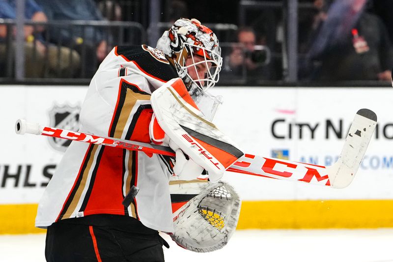 Apr 18, 2024; Las Vegas, Nevada, USA; Anaheim Ducks goaltender Lukas Dostal (1) makes a save against the Vegas Golden Knights during the second period at T-Mobile Arena. Mandatory Credit: Stephen R. Sylvanie-USA TODAY Sports