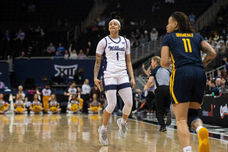 Mar 9, 2024; Kansas City, MO, USA; Kansas State Wildcats guard Zyanna Walker (1) celebrates after making a three-point shot against the West Virginia Mountaineers during the second half at T-Mobile Center. Mandatory Credit: Amy Kontras-USA TODAY Sports