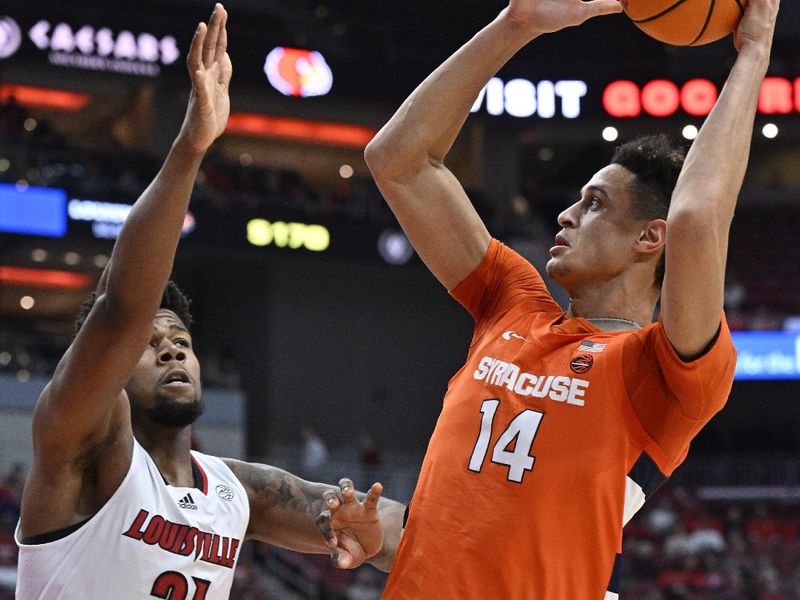 Jan 3, 2023; Louisville, Kentucky, USA; Syracuse Orange center Jesse Edwards (14) shoots against Louisville Cardinals forward Sydney Curry (21) during the first half at KFC Yum! Center. Mandatory Credit: Jamie Rhodes-USA TODAY Sports